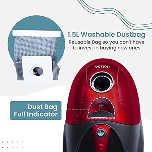 Inalsa Vacuum Cleaner Gusto Pro-1200W with Powerful Blower Function and 1.5L Reusable Cloth Dust Bag, Powerful 16KPA Suction, Lightweight & Compact, (Red/Black) Inalsa Vacuum Cleaner Gusto Pro-1200W with Powerful Blower Function and 1.5L Reusable Cloth Dust Bag, Powerful 16KPA Suction, Lightweight & Compact, (Red/Black)